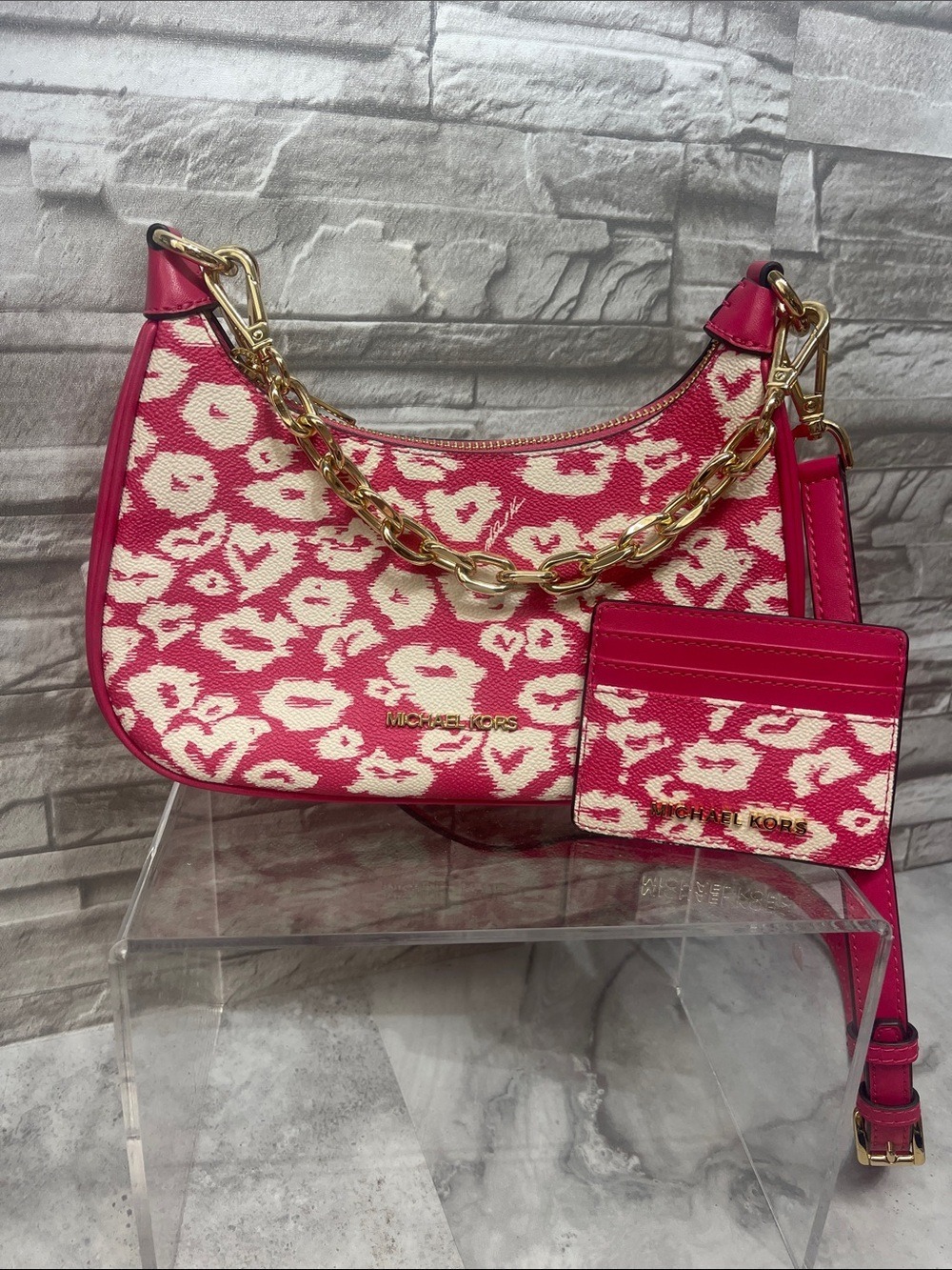 Michael Kors Pink and Cream Heart Leopard Print Crossbody & Matching Card Case - Picture 1 of 9